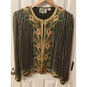 Vintage Nite Line Limited Silk Beaded Sequin Jacket XL Festive Formal